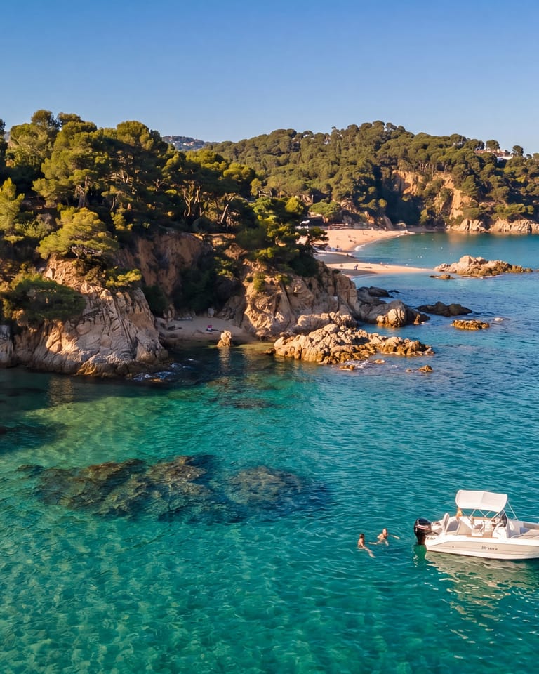 Aerial view of a hidden Costa Brava cove with turquoise water, a boat anchored next to a pine-covered cliff and two swimmers in the water