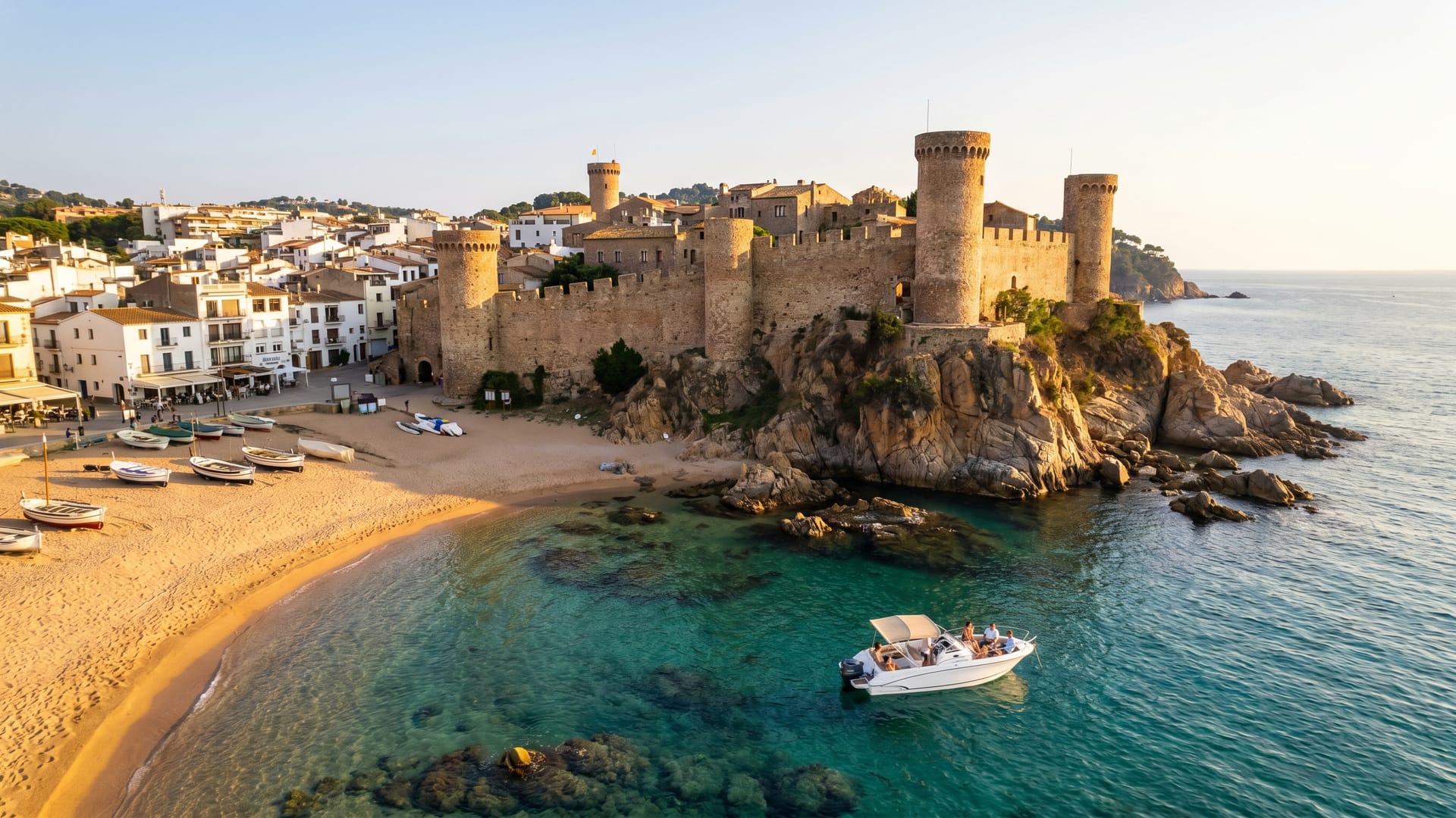 Vila Vella de Tossa de Mar desde el mar con barco, murallas medievales y aguas cristalinas Costa Brava